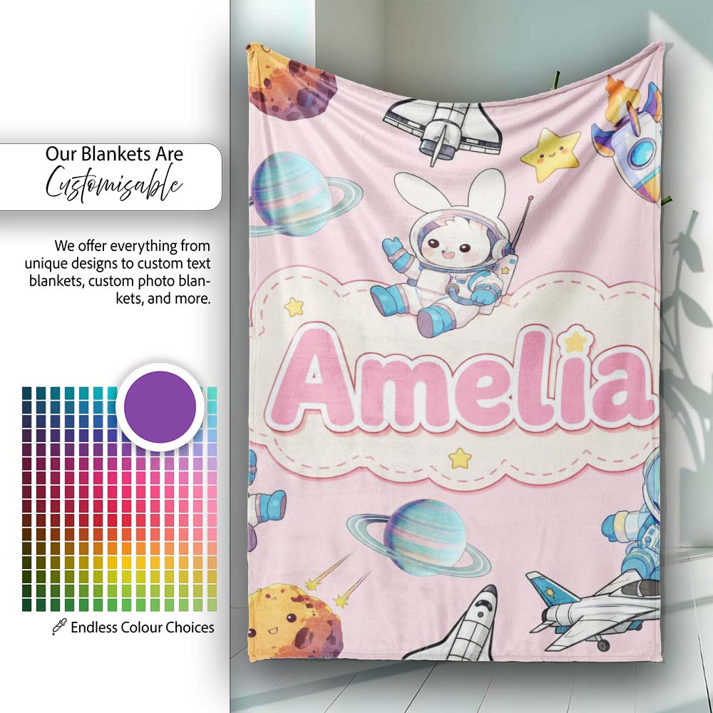Bunny Astronaut Cat Space Rockets Planets Stars Seamless Pink Personalised Custom Name Super Soft Fleece Blanket Bed Sofa Throw
