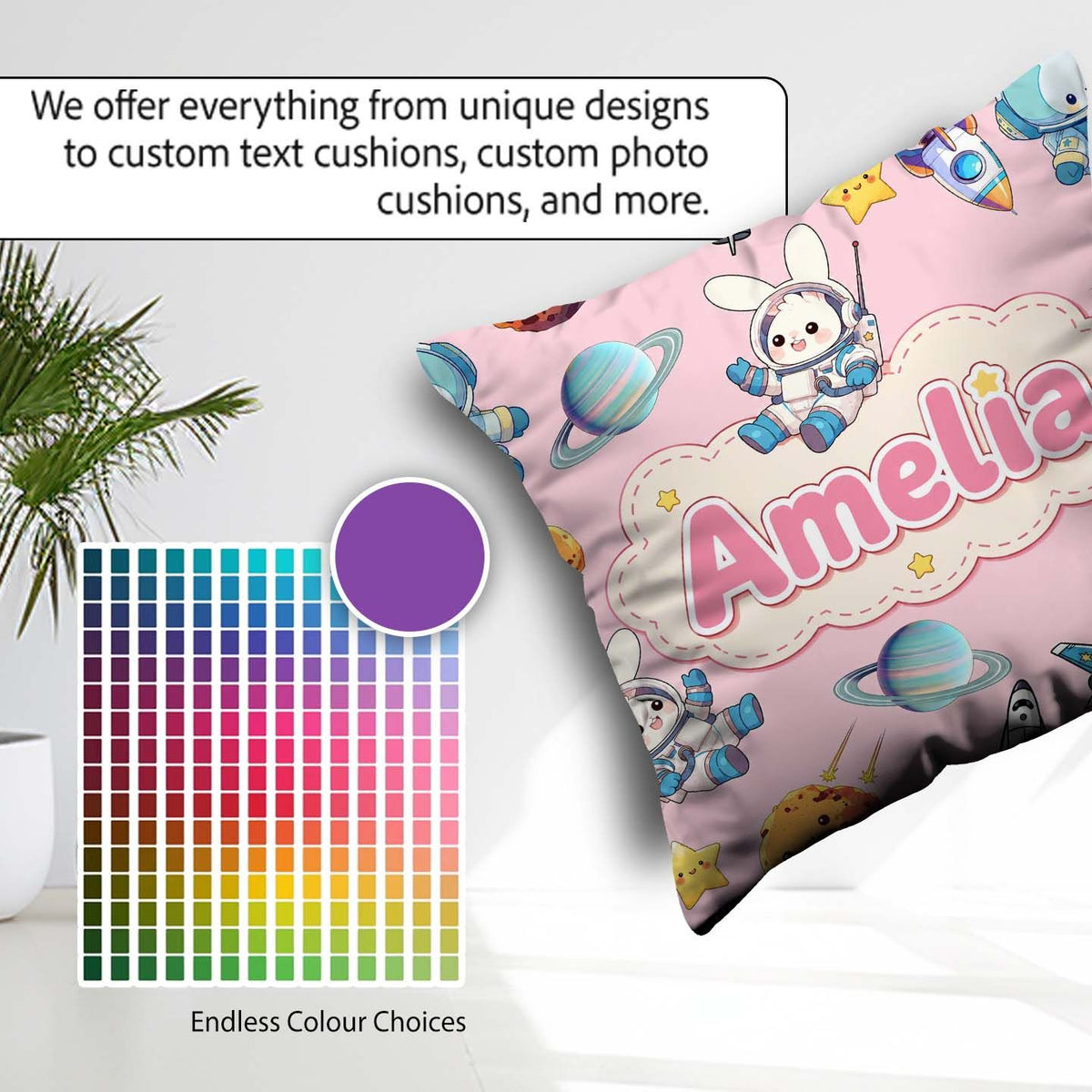 Custom Name Bunny Astronaut Cat Space Rockets Planets Stars Pink Square Filled Cushion Throw Pillow Sofa Bed Home Decor Zip Washable UK Made