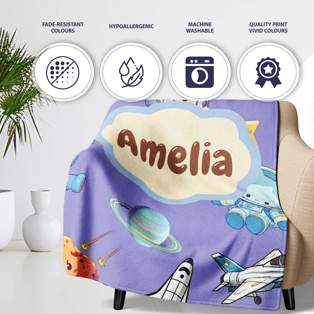 Bunny Astronaut Cat Space Rockets Planets Stars Seamless Purple Personalised Custom Name Super Soft Fleece Blanket Bed Sofa Throw
