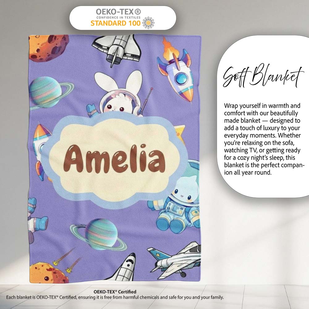 Bunny Astronaut Cat Space Rockets Planets Stars Seamless Purple Personalised Custom Name Super Soft Fleece Blanket Bed Sofa Throw