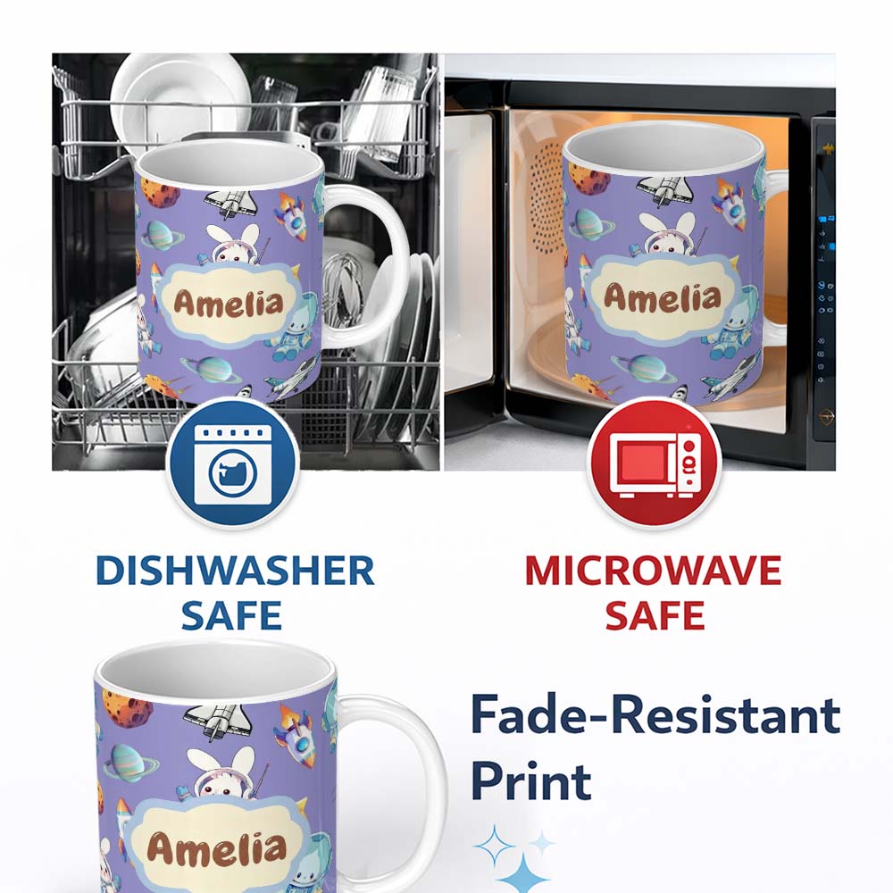 Personalized Custom Name Bunny Astronaut Cat Space Rockets Planets Stars Seamless Purple 11oz Ceramic Coffee Tea Mug White Large Handle