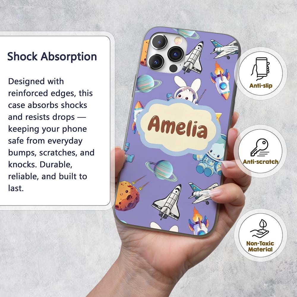 Bunny Astronaut Cat Space Rockets Planets Stars Custom Name Protective Phone Case Mobile Cover Durable Everyday Smartphone Shock Resistant
