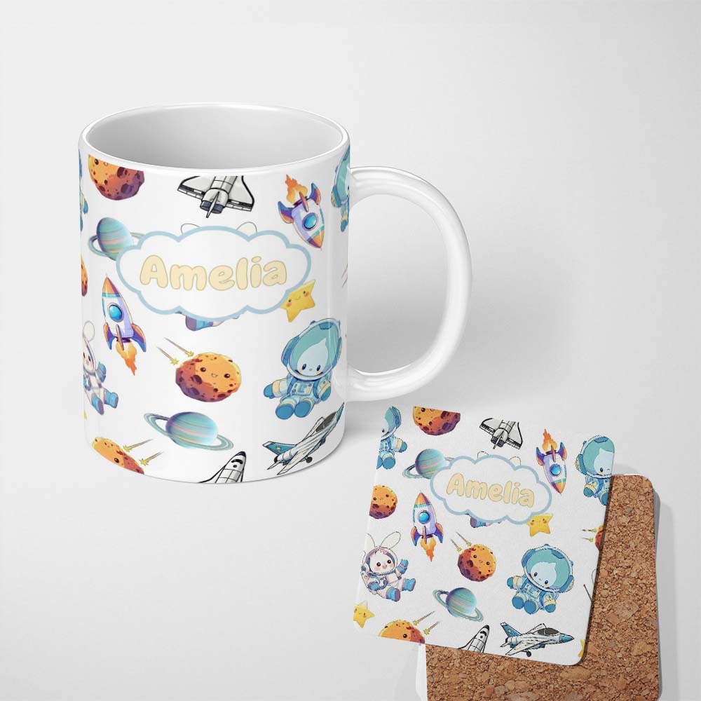 Personalized Custom Name Bunny Astronaut Cat Space Rockets Planets Stars Seamless Grey 11oz Ceramic Coffee Tea Mug White Large Handle