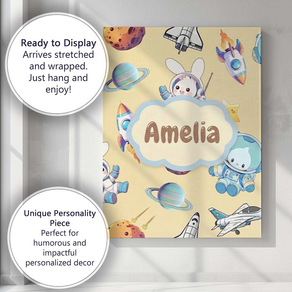 Personalised Name Bunny Astronaut Cat Space Custom Bespoke Interior Contemporary Canvas Wall Art Print Decor Picture Ready to Hang