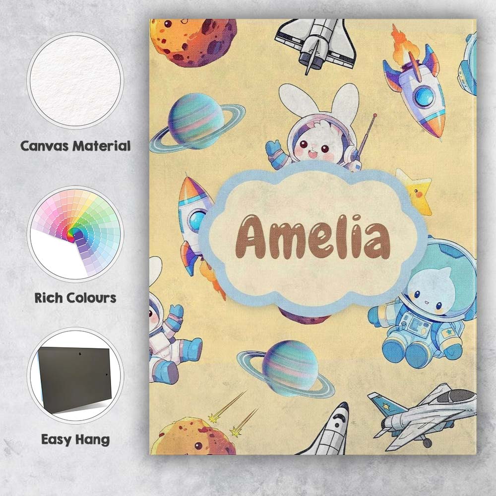 Personalised Name Bunny Astronaut Cat Space Custom Bespoke Interior Contemporary Canvas Wall Art Print Decor Picture Ready to Hang