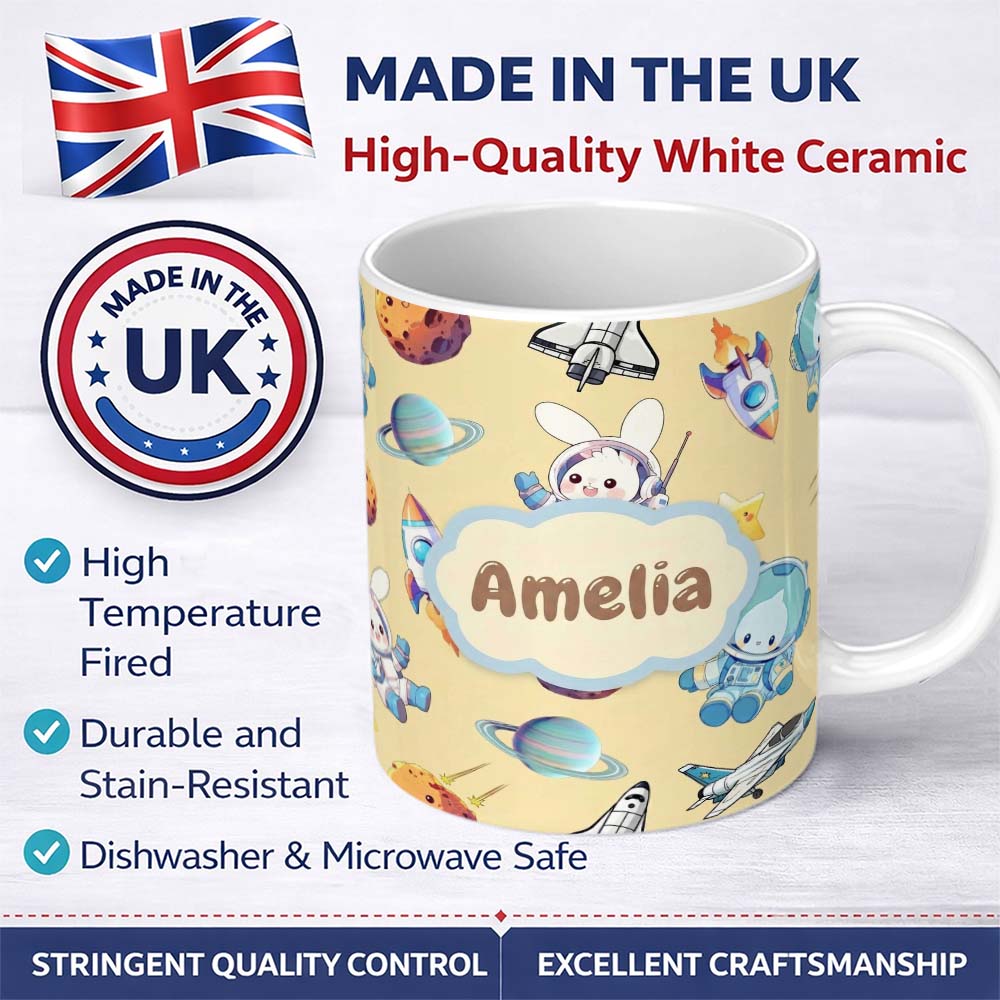 Personalized Custom Name Bunny Astronaut Cat Space Rockets Planets Stars Seamless Beige 11oz Ceramic Coffee Tea Mug White Large Handle