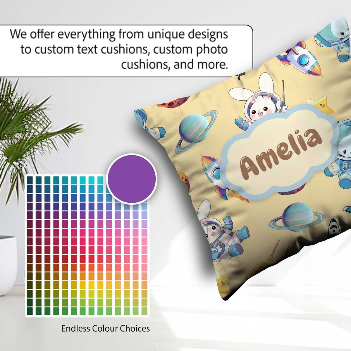 Custom Name Bunny Cat Space Rockets Planets Stars Seamless Beige Square Filled Cushion Throw Pillow Sofa Bed Home Decor Zip Washable UK Made