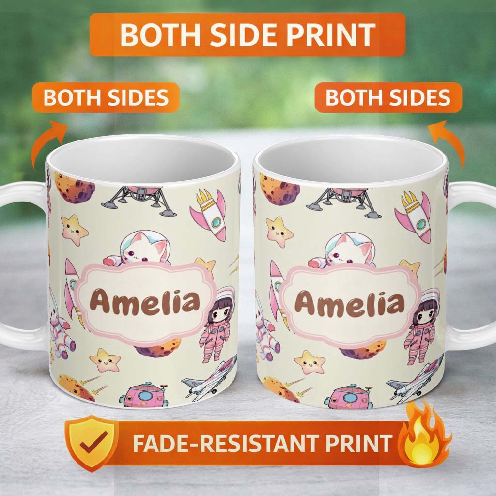 Personalized Custom Name Cat Astronaut Girl Rockets Stars Space Seamless Cream Background 11oz Ceramic Coffee Tea Mug White Large Handle