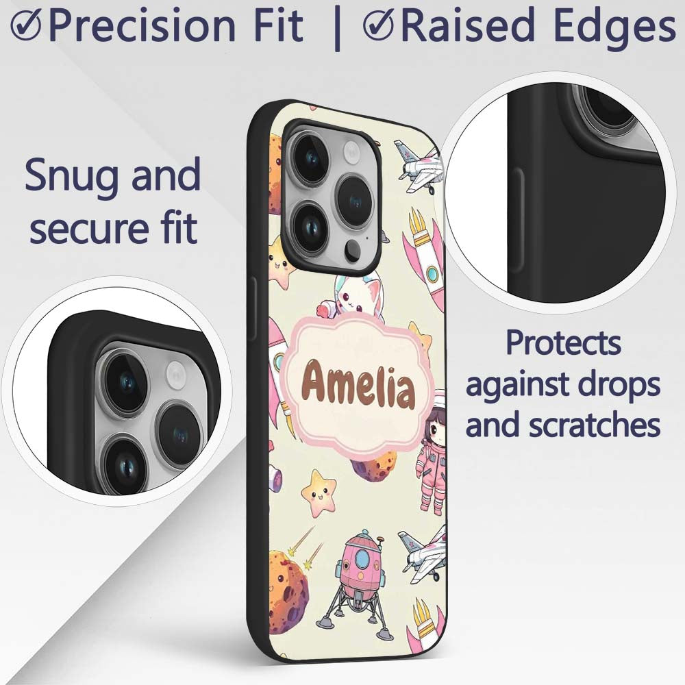 Cat Astronaut Girl Rockets Stars Space Seamless Custom Name Protective Phone Case Mobile Cover Durable Everyday Smartphone Shock Resistant