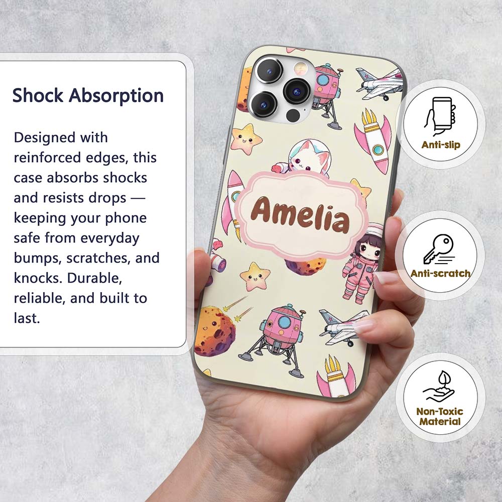 Cat Astronaut Girl Rockets Stars Space Seamless Custom Name Protective Phone Case Mobile Cover Durable Everyday Smartphone Shock Resistant