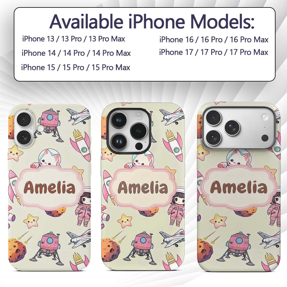 Cat Astronaut Girl Rockets Stars Space Seamless Custom Name Protective Phone Case Mobile Cover Durable Everyday Smartphone Shock Resistant