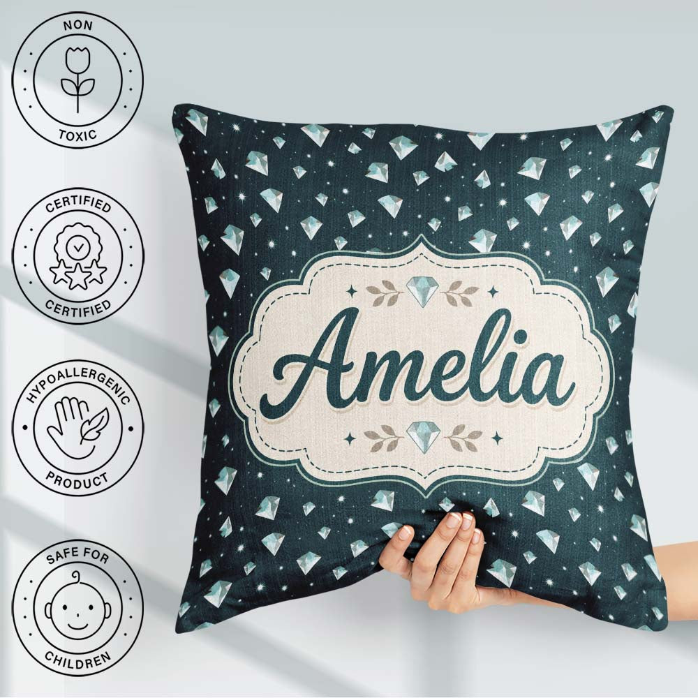 Custom Name Crystal Diamond Starry Seamless Pattern on Dark Teal Square Filled Cushion Throw Pillow Sofa Bed Home Decor Zip Washable UK Made