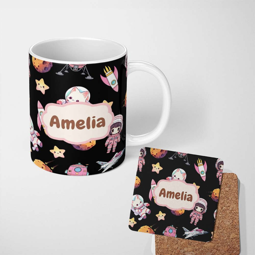 Personalized Custom Name Cat Astronaut Girl Rockets Stars Space Seamless Black Background 11oz Ceramic Coffee Tea Mug White Large Handle