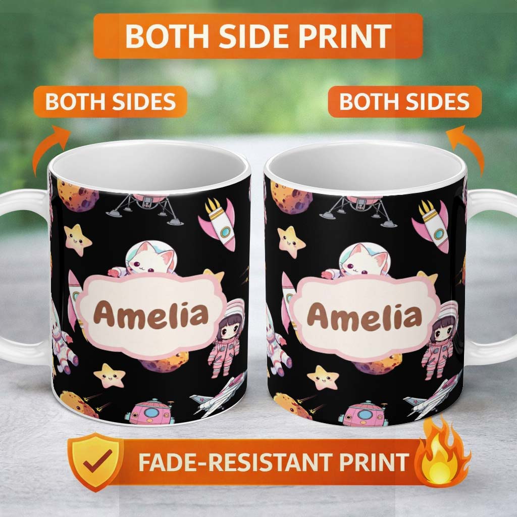 Personalized Custom Name Cat Astronaut Girl Rockets Stars Space Seamless Black Background 11oz Ceramic Coffee Tea Mug White Large Handle