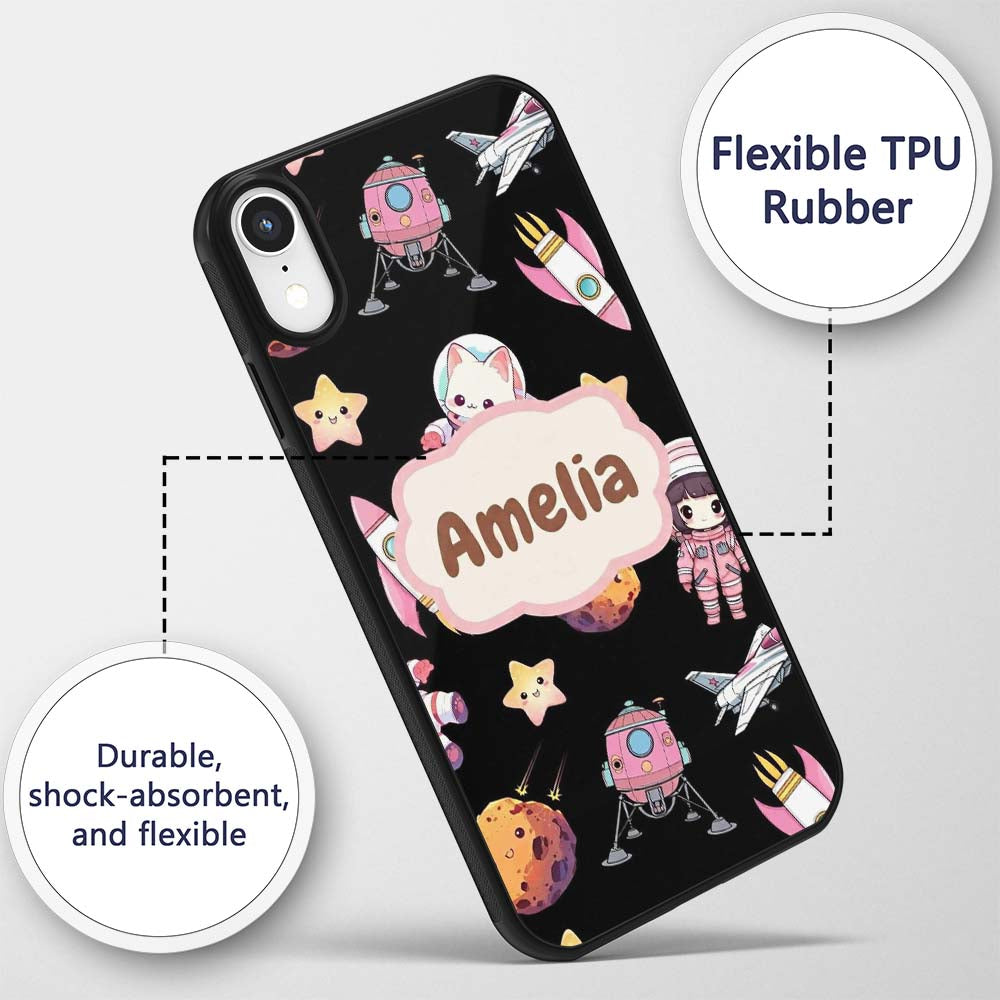 Cat Astronaut Girl Rockets Stars Space Seamless Custom Name Protective Phone Case Mobile Cover Durable Everyday Smartphone Shock Resistant