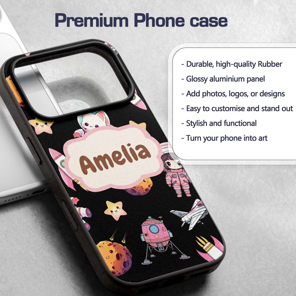 Cat Astronaut Girl Rockets Stars Space Seamless Custom Name Protective Phone Case Mobile Cover Durable Everyday Smartphone Shock Resistant