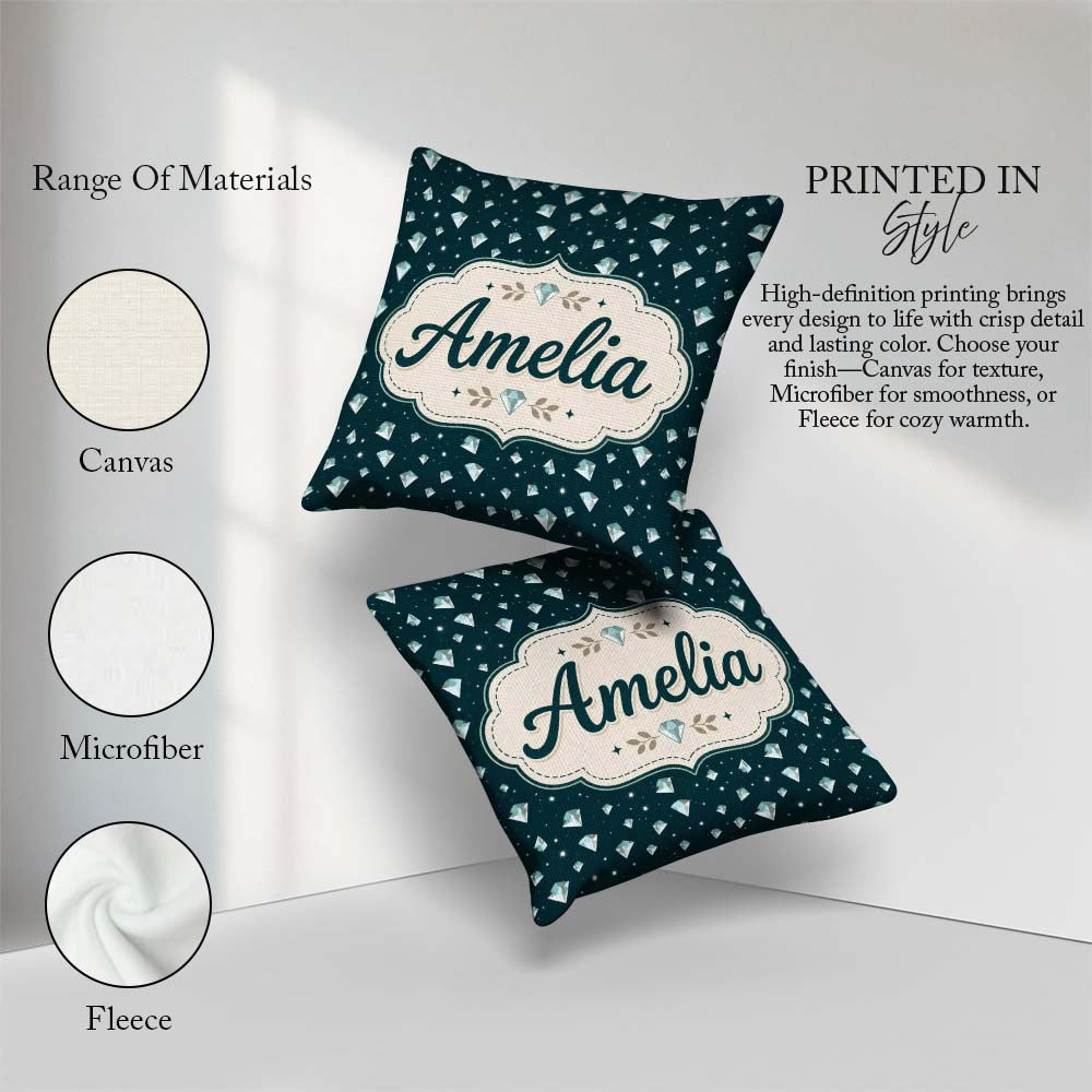 Custom Name Crystal Diamond Starry Seamless Pattern on Dark Teal Square Filled Cushion Throw Pillow Sofa Bed Home Decor Zip Washable UK Made