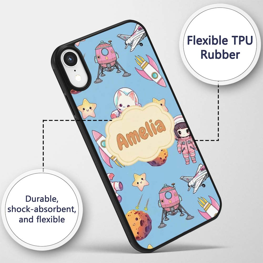 Cat Astronaut Girl Rockets Stars Space Seamless Custom Name Protective Phone Case Mobile Cover Durable Everyday Smartphone Shock Resistant