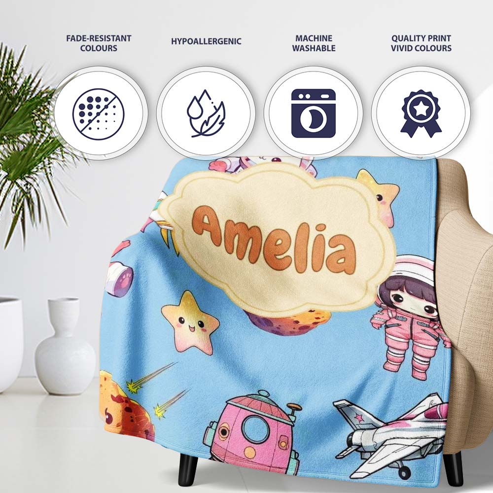 Cat Astronaut Girl Rockets Stars Space Seamless Blue Background Personalised Custom Name Super Soft Fleece Blanket Bed Sofa Throw