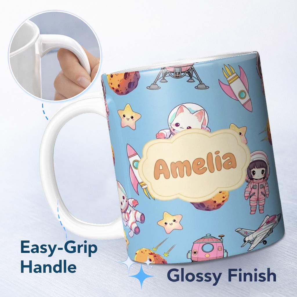 Personalized Custom Name Cat Astronaut Girl Rockets Stars Space Seamless Blue Background 11oz Ceramic Coffee Tea Mug White Large Handle