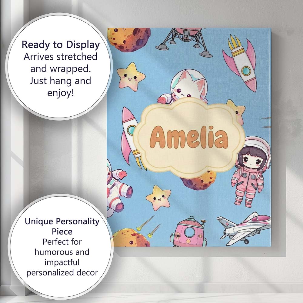 Personalised Name Cat Astronaut Girl Custom Premium Decorative Design Modern Room Accent Canvas Wall Art Print Decor Picture Ready to Hang