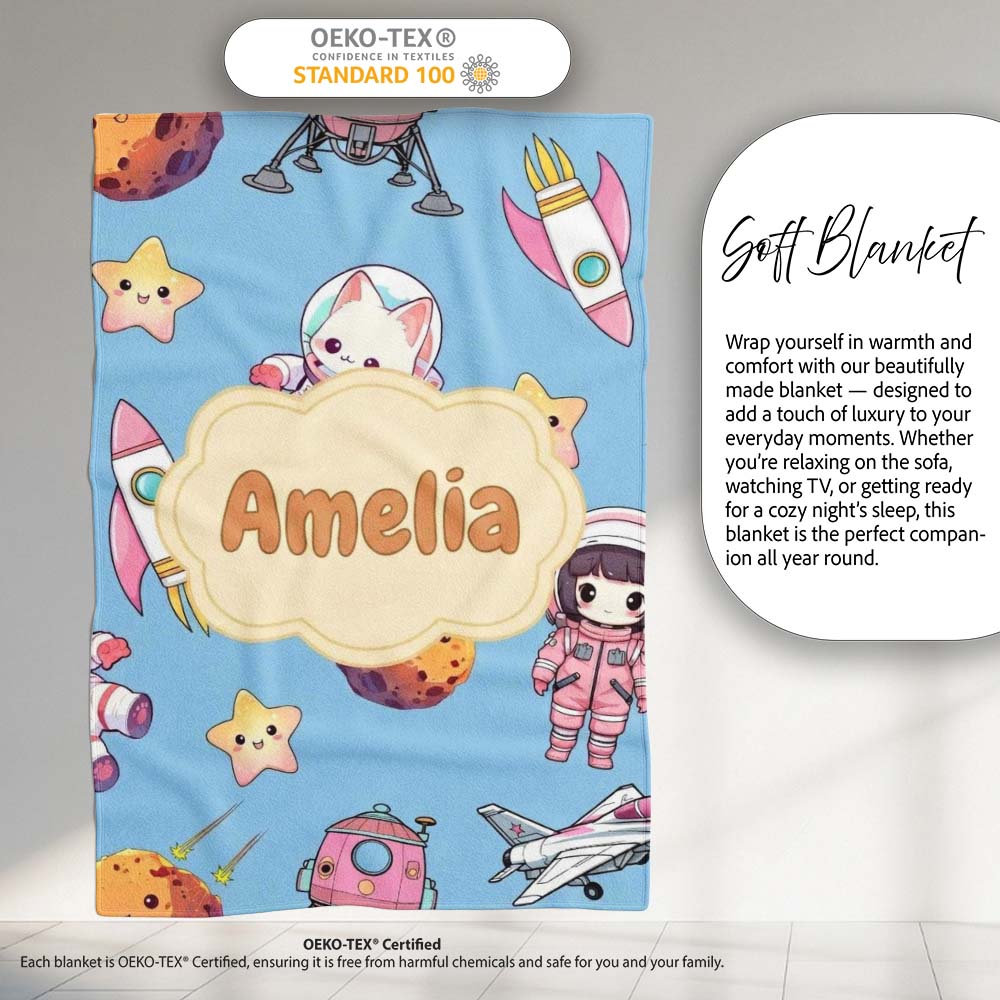 Cat Astronaut Girl Rockets Stars Space Seamless Blue Background Personalised Custom Name Super Soft Fleece Blanket Bed Sofa Throw