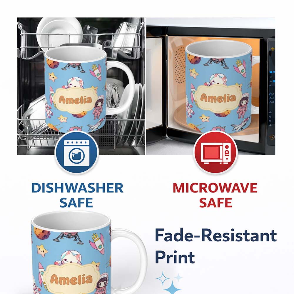 Personalized Custom Name Cat Astronaut Girl Rockets Stars Space Seamless Blue Background 11oz Ceramic Coffee Tea Mug White Large Handle