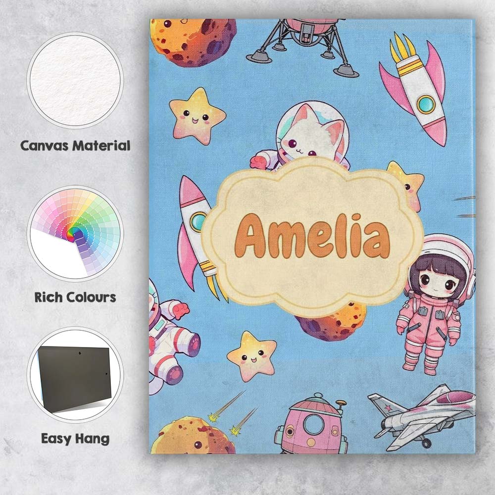 Personalised Name Cat Astronaut Girl Custom Premium Decorative Design Modern Room Accent Canvas Wall Art Print Decor Picture Ready to Hang