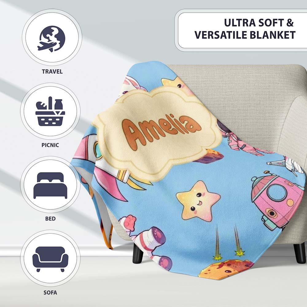 Cat Astronaut Girl Rockets Stars Space Seamless Blue Background Personalised Custom Name Super Soft Fleece Blanket Bed Sofa Throw