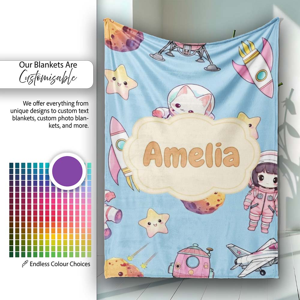 Cat Astronaut Girl Rockets Stars Space Seamless Blue Background Personalised Custom Name Super Soft Fleece Blanket Bed Sofa Throw