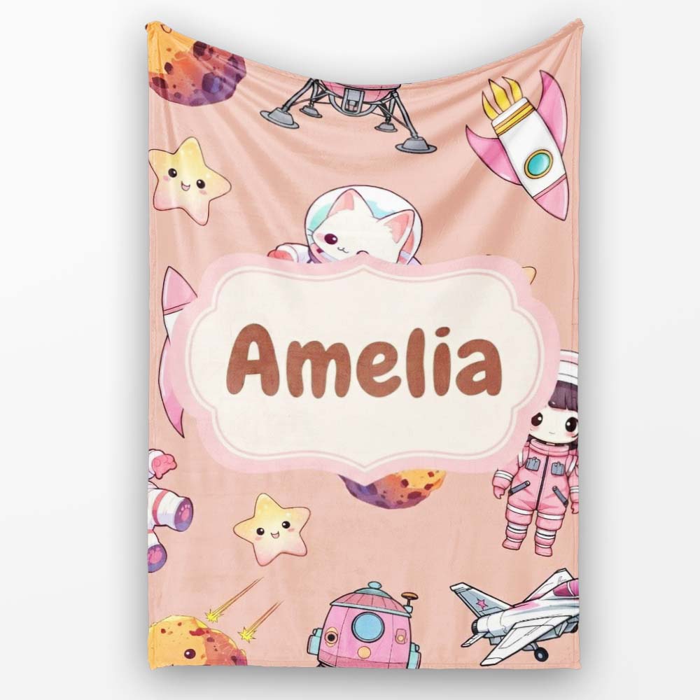 Cat Astronaut Girl Rockets Stars Space Seamless Peach Background Personalised Custom Name Super Soft Fleece Blanket Bed Sofa Throw