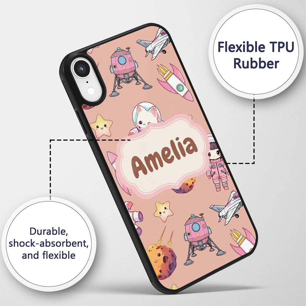 Cat Astronaut Girl Rockets Stars Space Seamless Custom Name Protective Phone Case Mobile Cover Durable Everyday Smartphone Shock Resistant