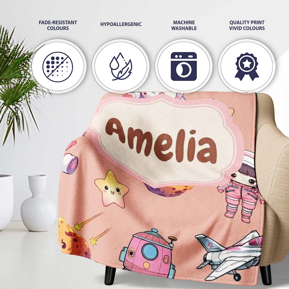 Cat Astronaut Girl Rockets Stars Space Seamless Peach Background Personalised Custom Name Super Soft Fleece Blanket Bed Sofa Throw