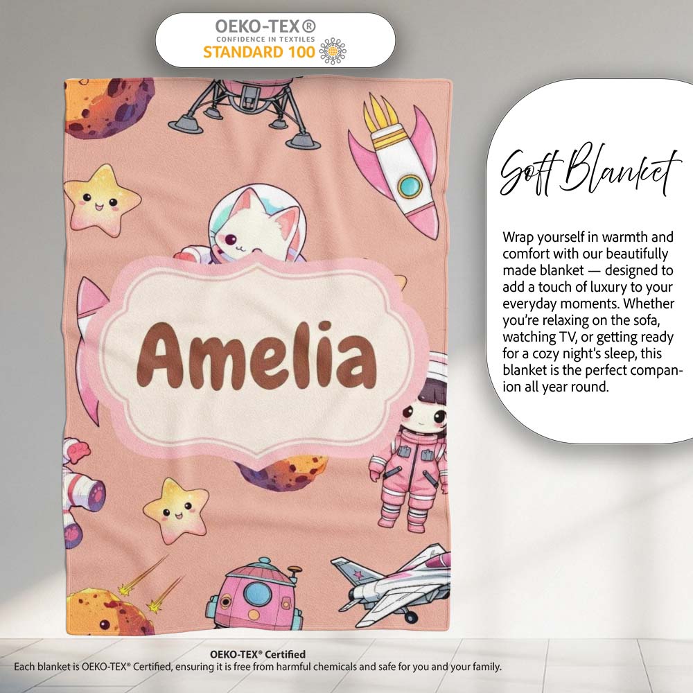 Cat Astronaut Girl Rockets Stars Space Seamless Peach Background Personalised Custom Name Super Soft Fleece Blanket Bed Sofa Throw