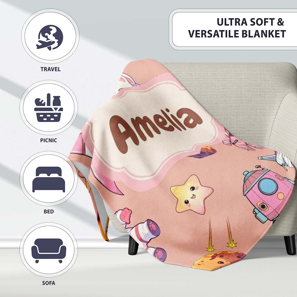 Cat Astronaut Girl Rockets Stars Space Seamless Peach Background Personalised Custom Name Super Soft Fleece Blanket Bed Sofa Throw