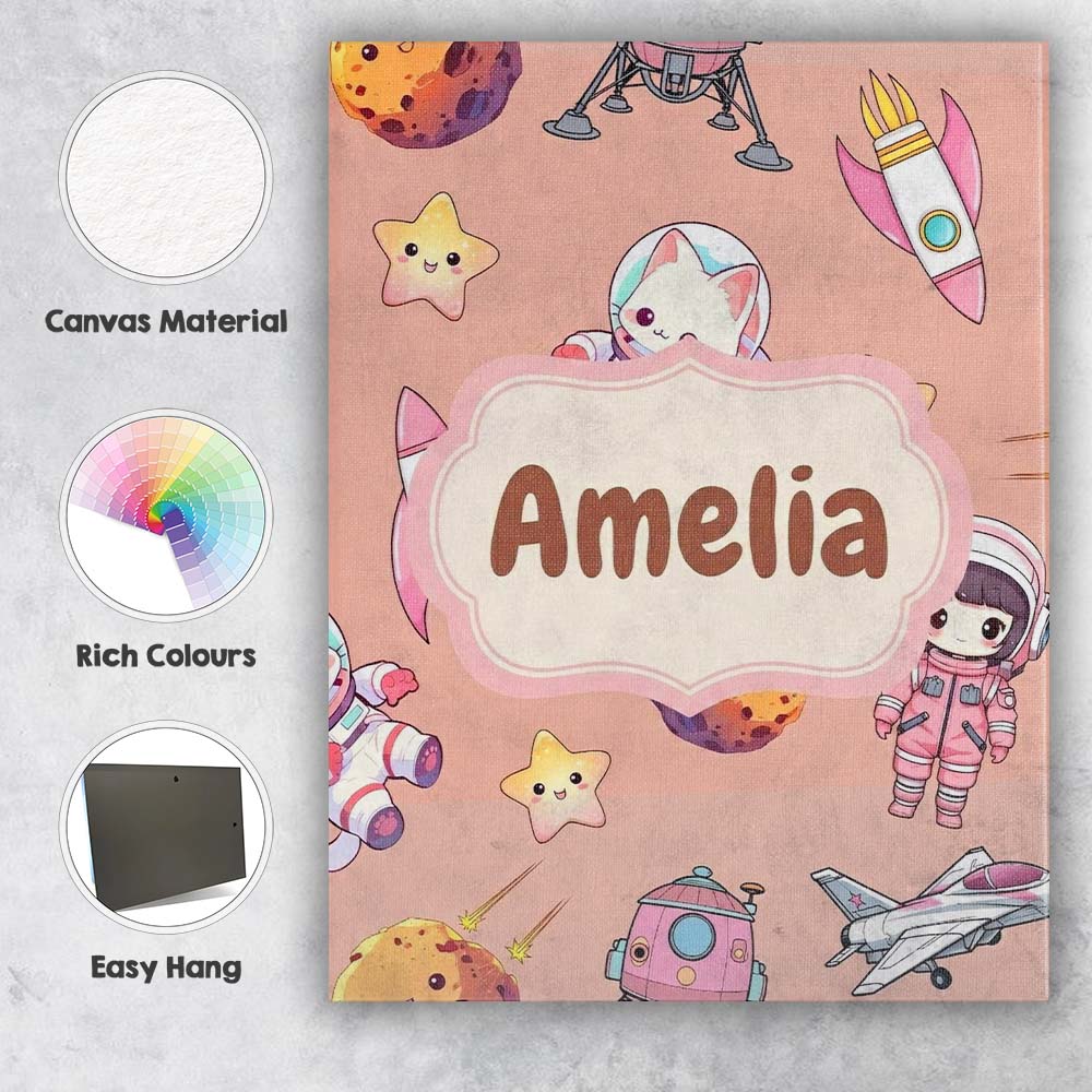 Personalised Name Cat Astronaut Girl Custom Premium Decorative Design Modern Room Accent Canvas Wall Art Print Decor Picture Ready to Hang