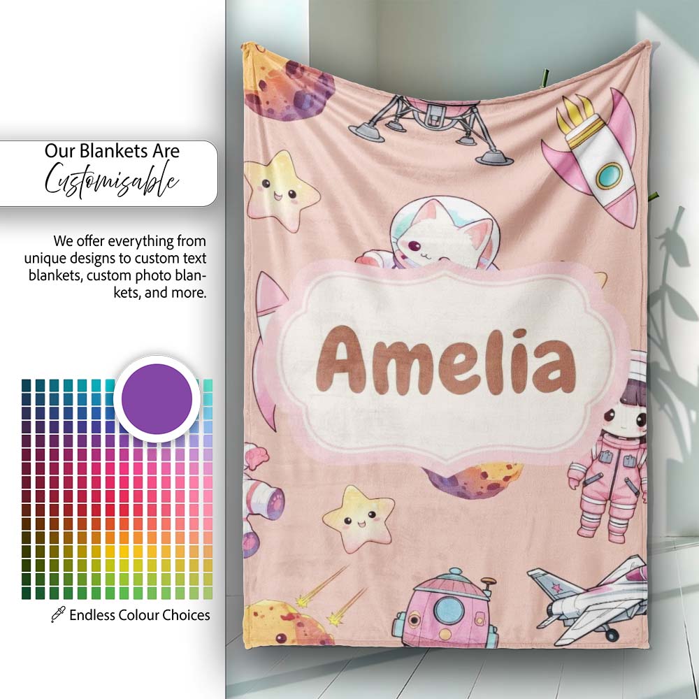 Cat Astronaut Girl Rockets Stars Space Seamless Peach Background Personalised Custom Name Super Soft Fleece Blanket Bed Sofa Throw