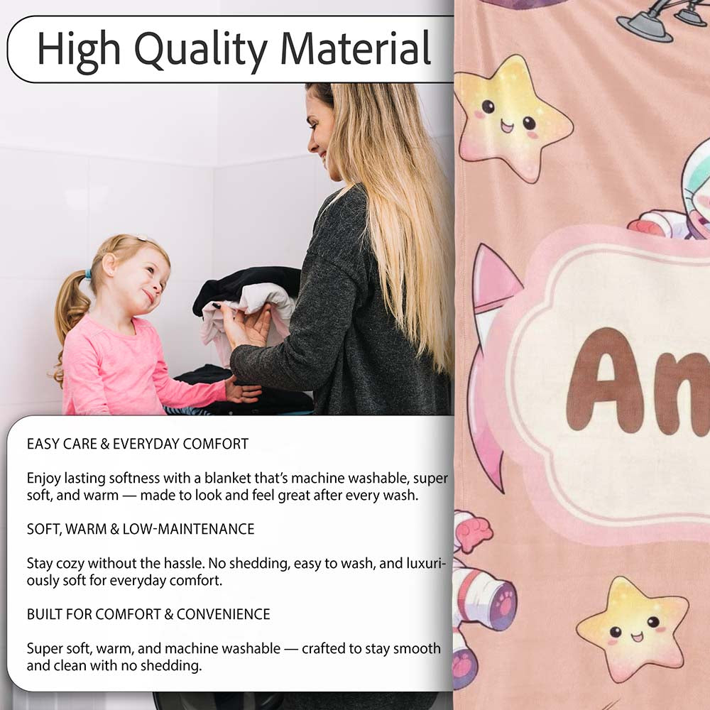 Cat Astronaut Girl Rockets Stars Space Seamless Peach Background Personalised Custom Name Super Soft Fleece Blanket Bed Sofa Throw