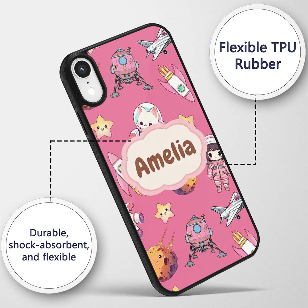 Cat Astronaut Girl Rockets Stars Space Seamless Custom Name Protective Phone Case Mobile Cover Durable Everyday Smartphone Shock Resistant
