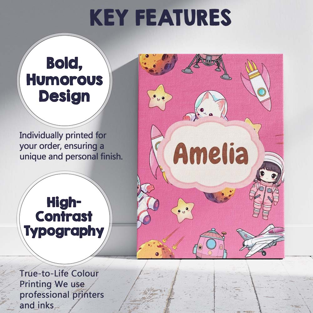 Personalised Name Cat Astronaut Girl Custom Premium Decorative Design Modern Room Accent Canvas Wall Art Print Decor Picture Ready to Hang