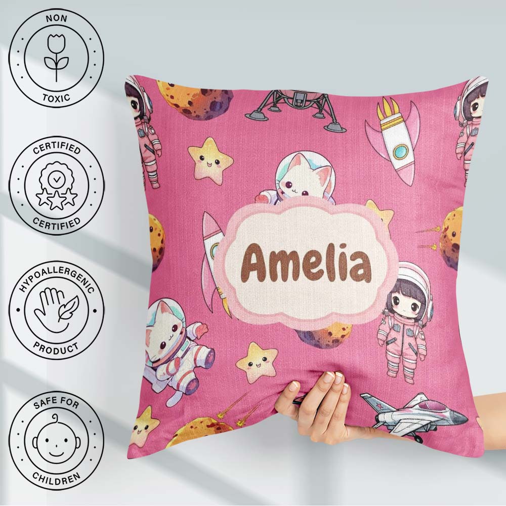 Custom Name Cat Astronaut Girl Rockets Stars Space Seamless Pink Square Filled Cushion Throw Pillow Sofa Bed Home Decor Zip Washable UK Made