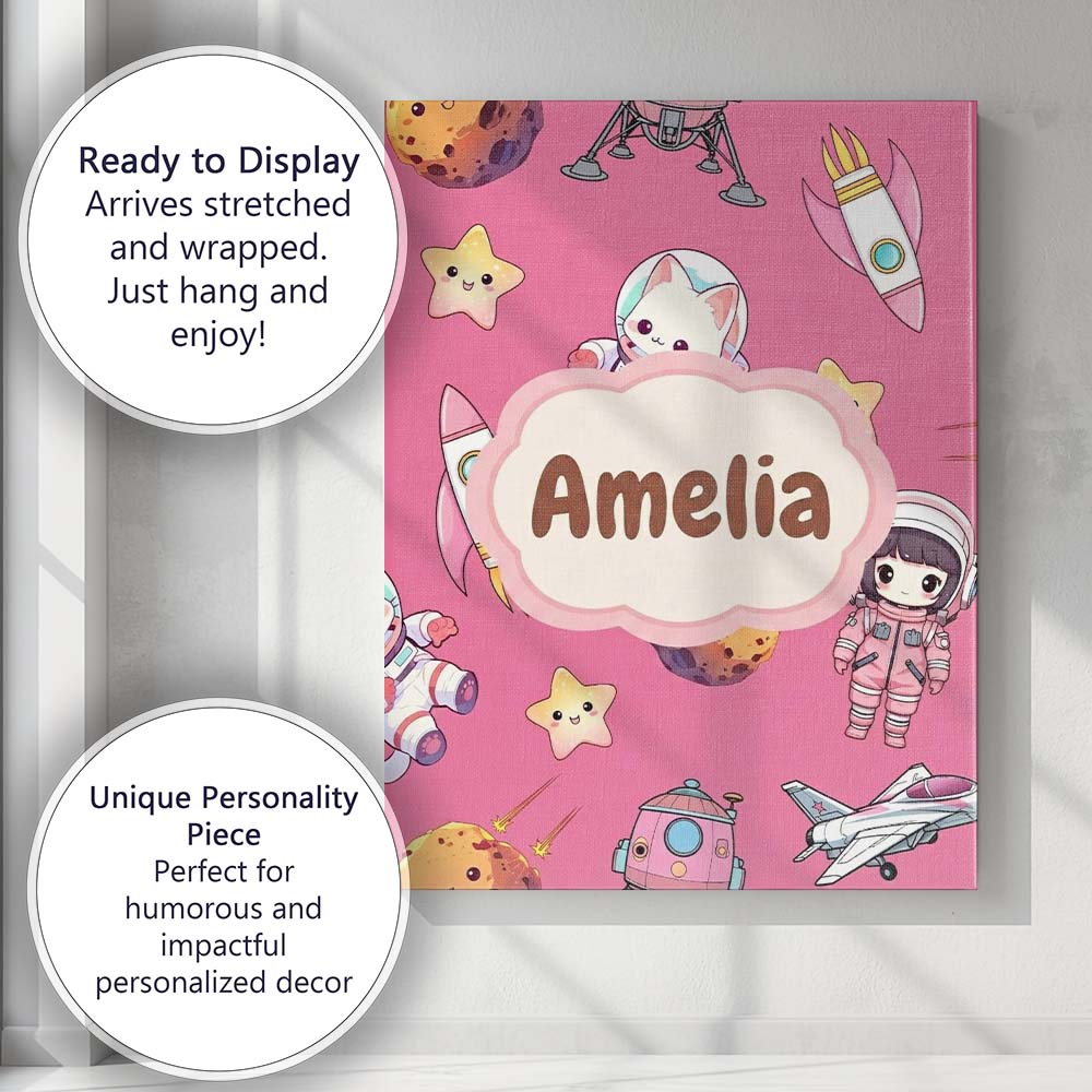 Personalised Name Cat Astronaut Girl Custom Premium Decorative Design Modern Room Accent Canvas Wall Art Print Decor Picture Ready to Hang