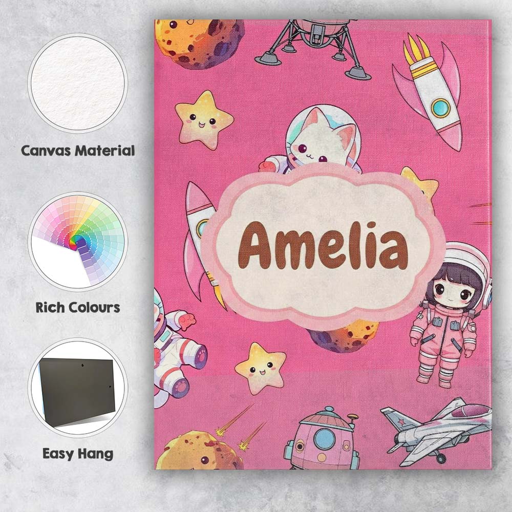 Personalised Name Cat Astronaut Girl Custom Premium Decorative Design Modern Room Accent Canvas Wall Art Print Decor Picture Ready to Hang