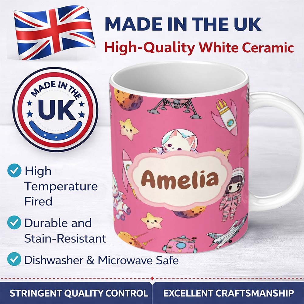 Personalized Custom Name Cat Astronaut Girl Rockets Stars Space Seamless Pink Background 11oz Ceramic Coffee Tea Mug White Large Handle