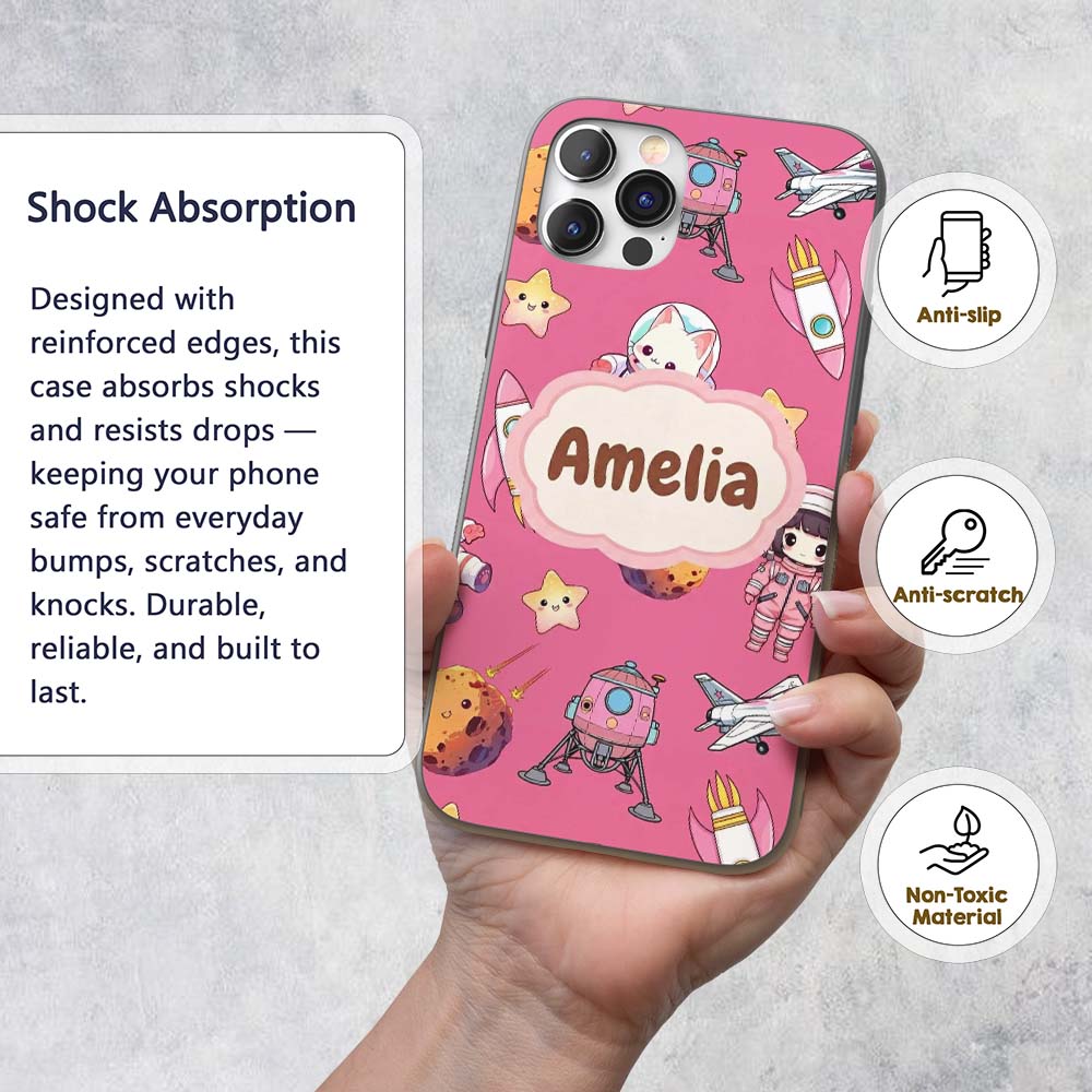 Cat Astronaut Girl Rockets Stars Space Seamless Custom Name Protective Phone Case Mobile Cover Durable Everyday Smartphone Shock Resistant