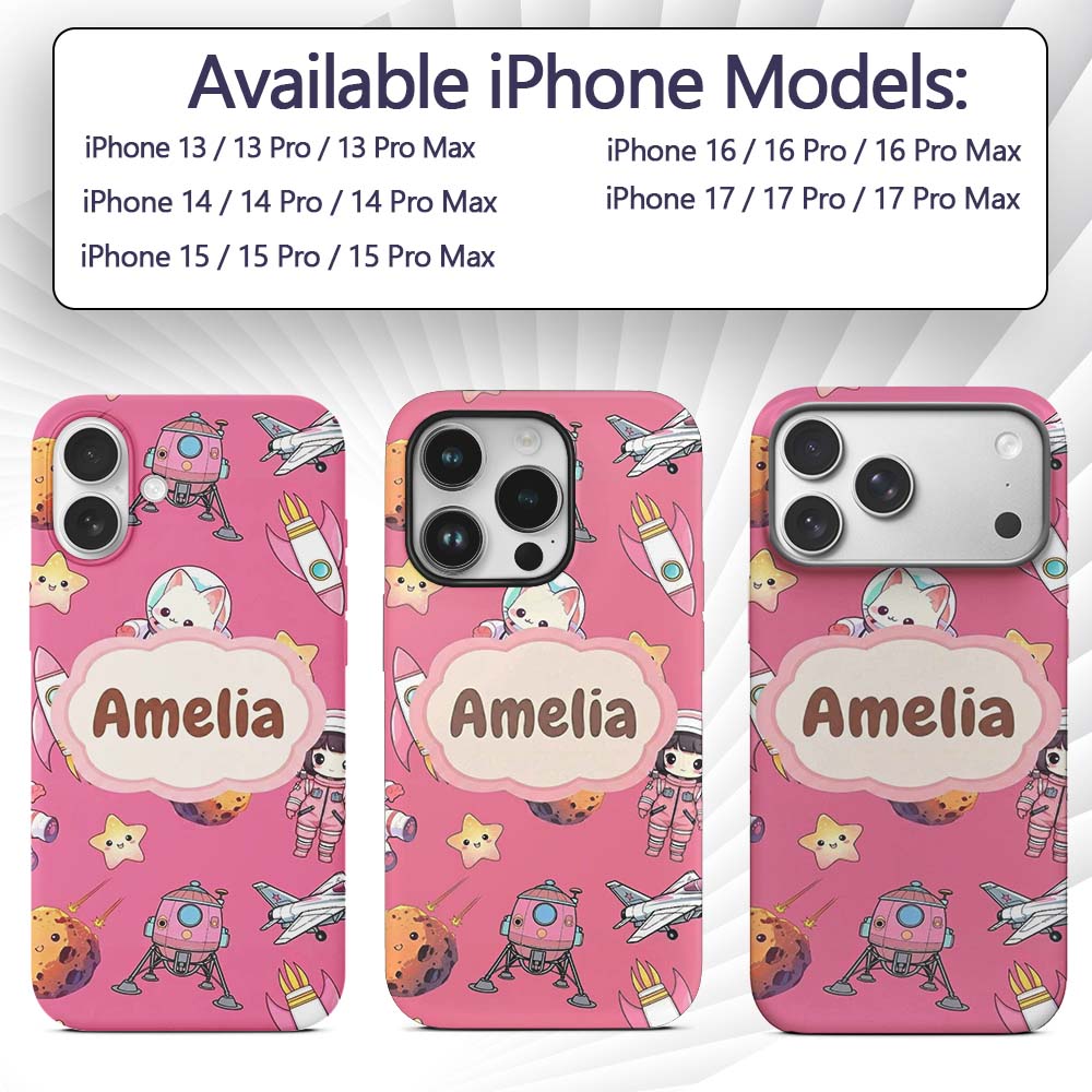 Cat Astronaut Girl Rockets Stars Space Seamless Custom Name Protective Phone Case Mobile Cover Durable Everyday Smartphone Shock Resistant