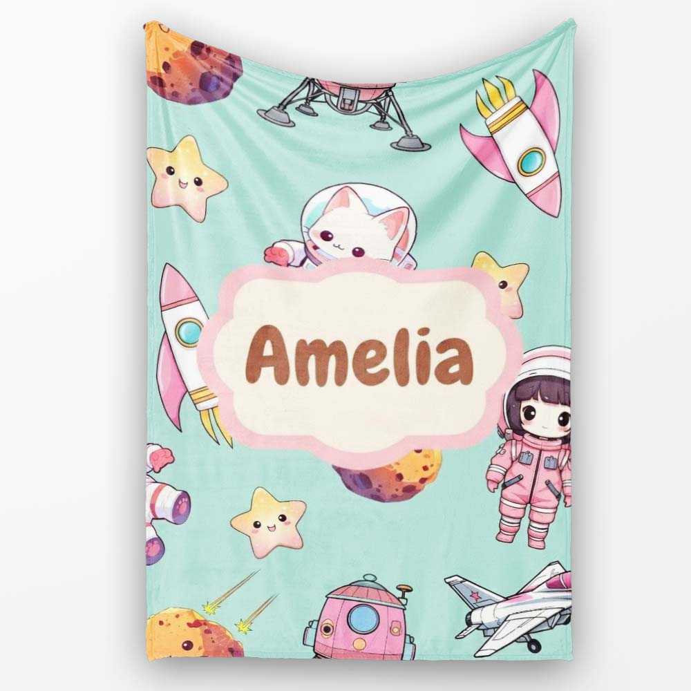 Cat Astronaut Girl Rockets Stars Space Seamless Mint Background Personalised Custom Name Super Soft Fleece Blanket Bed Sofa Throw