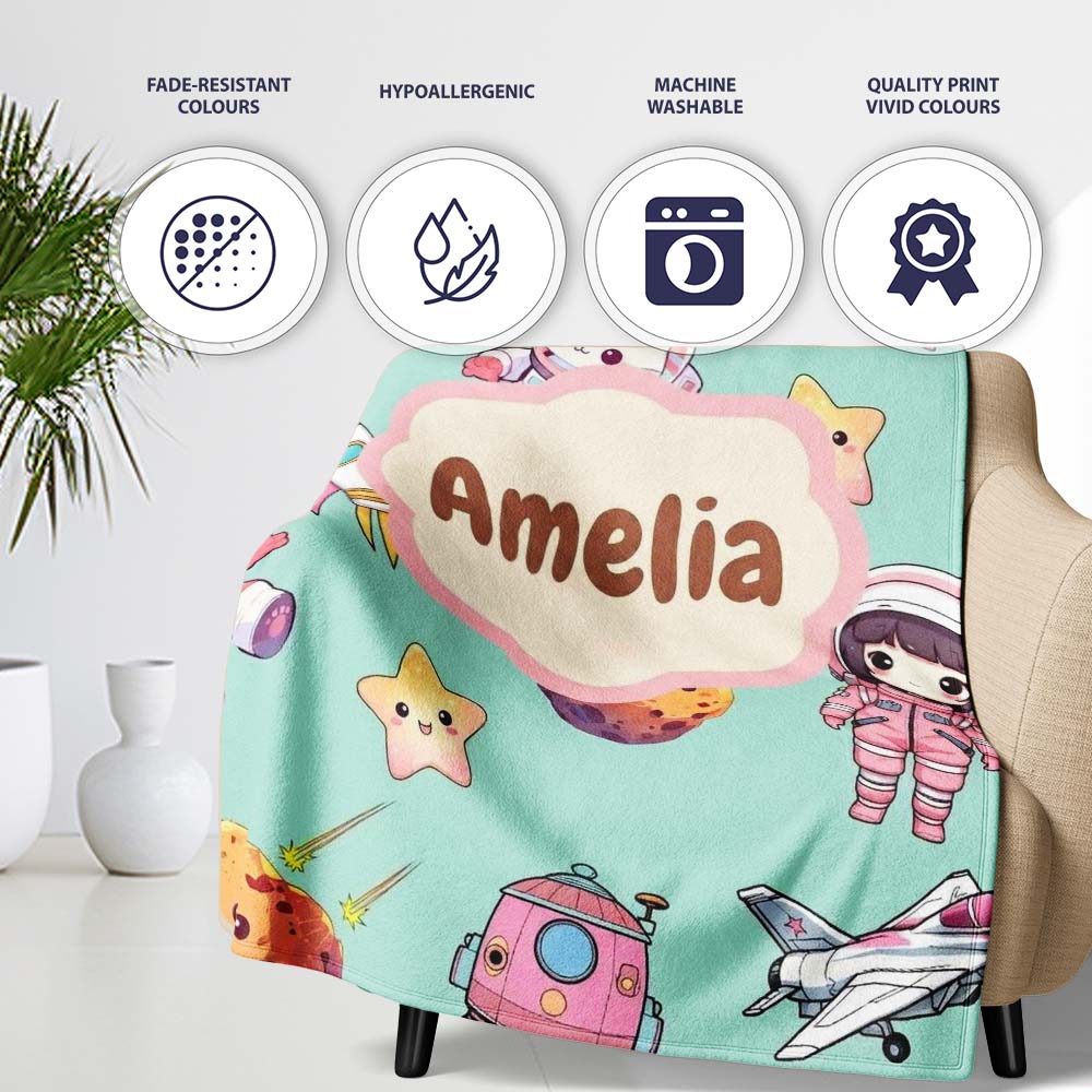 Cat Astronaut Girl Rockets Stars Space Seamless Mint Background Personalised Custom Name Super Soft Fleece Blanket Bed Sofa Throw
