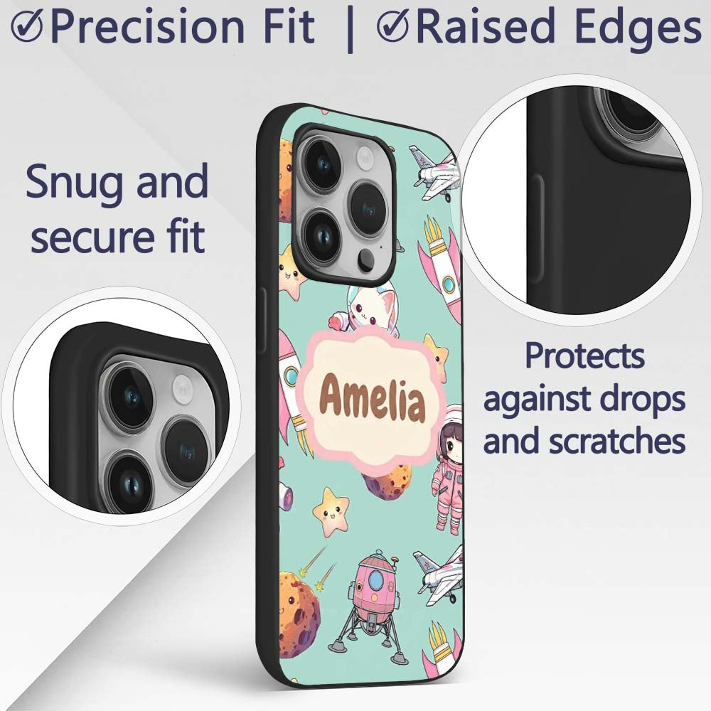 Cat Astronaut Girl Rockets Stars Space Seamless Custom Name Protective Phone Case Mobile Cover Durable Everyday Smartphone Shock Resistant