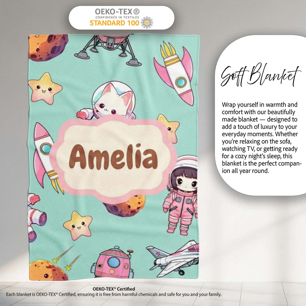 Cat Astronaut Girl Rockets Stars Space Seamless Mint Background Personalised Custom Name Super Soft Fleece Blanket Bed Sofa Throw